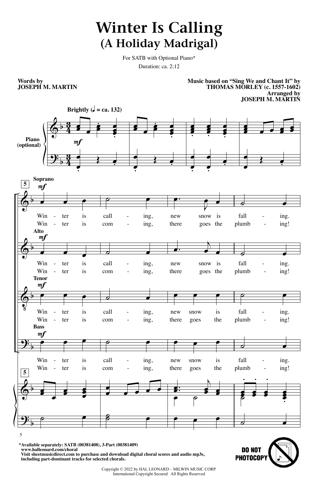 Joseph M. Martin Winter Is Calling (A Holiday Madrigal) sheet music notes and chords. Download Printable PDF.