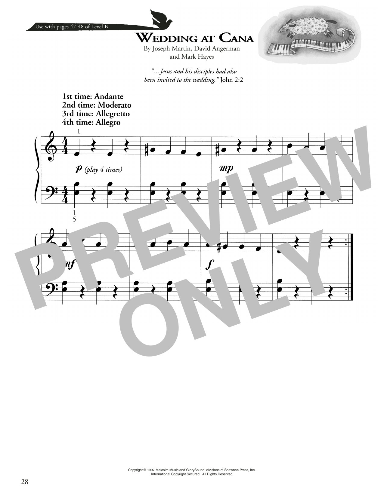 Joseph Martin, David Angerman and Mark Hayes Wedding At Cana sheet music notes and chords arranged for Piano Method