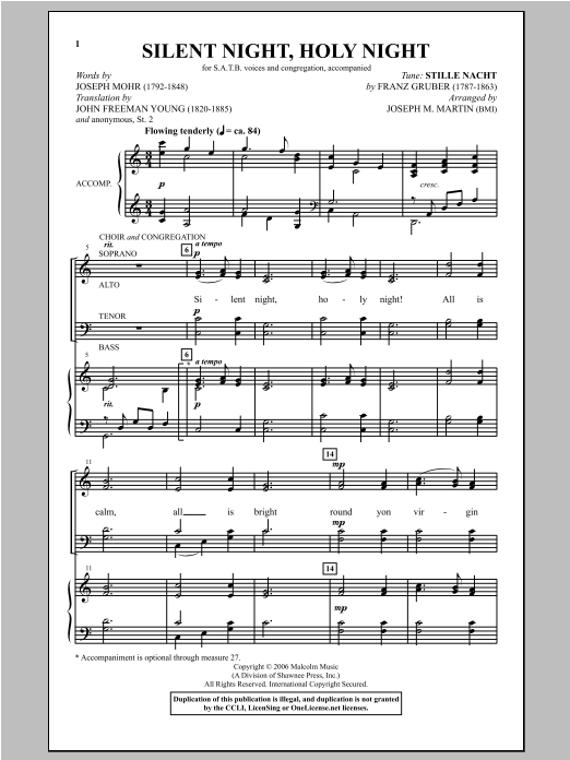 Franz Gruber Silent Night, Holy Night (arr. Joseph M. Martin) sheet music notes and chords. Download Printable PDF.