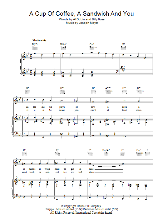 Learn to play Joseph Meyer A Cup Of Coffee, A Sandwich And You sheet music for Piano, Vocal & Guitar Chords in minutes. Price: 7.8900$ Joseph Meyer A Cup Of Coffee, A Sandwich And You sheet music notes and chords arranged for Piano, Vocal & Guitar Chords