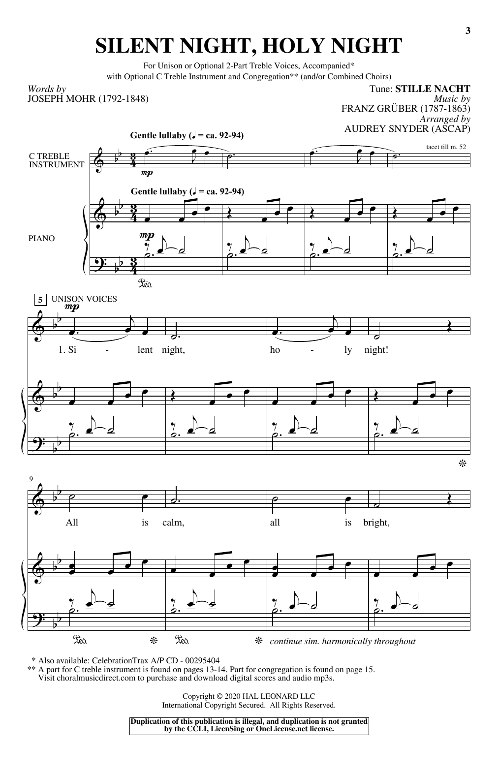 Joseph Mohr and Franz Gruber Silent Night, Holy Night (arr. Audrey Snyder) sheet music notes and chords. Download Printable PDF.