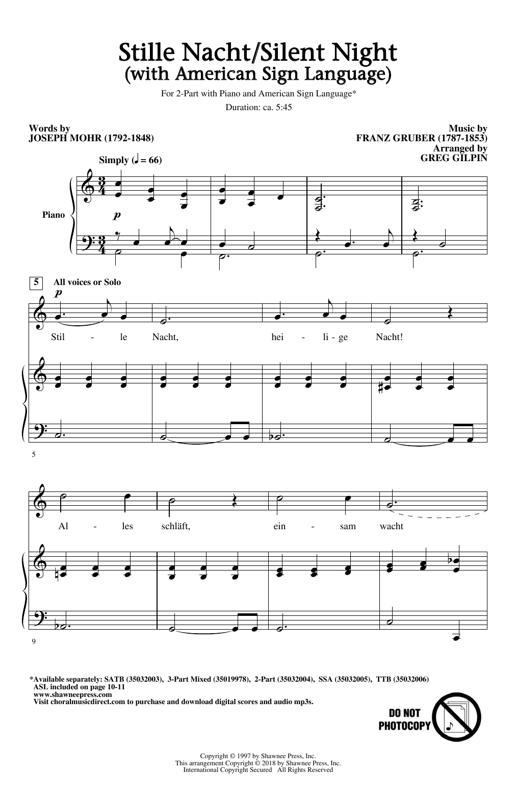 Joseph Mohr & Franz Grubert Stille Nacht/Silent Night (With American Sign Language) (arr. Greg Gilpin) sheet music notes and chords. Download Printable PDF.