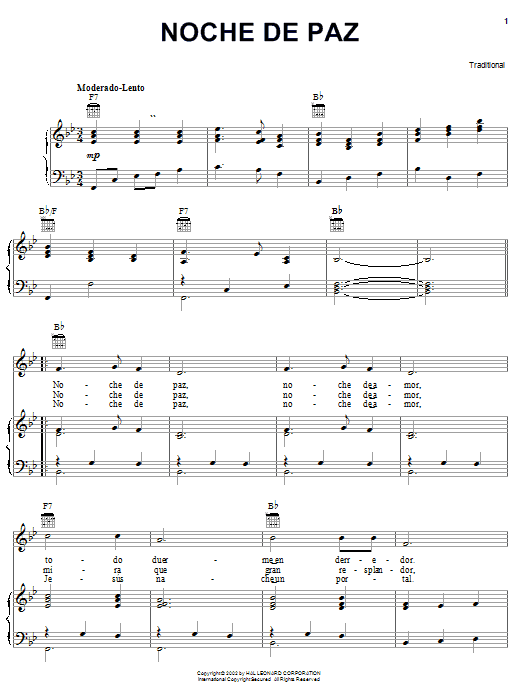Learn to play Joseph Mohr Noche De Paz sheet music for Piano, Vocal & Guitar Chords (Right-Hand Melody) in minutes. Price: 7.8900$ Joseph Mohr Noche De Paz sheet music notes and chords arranged for Piano, Vocal & Guitar Chords (Right-Hand Melody)