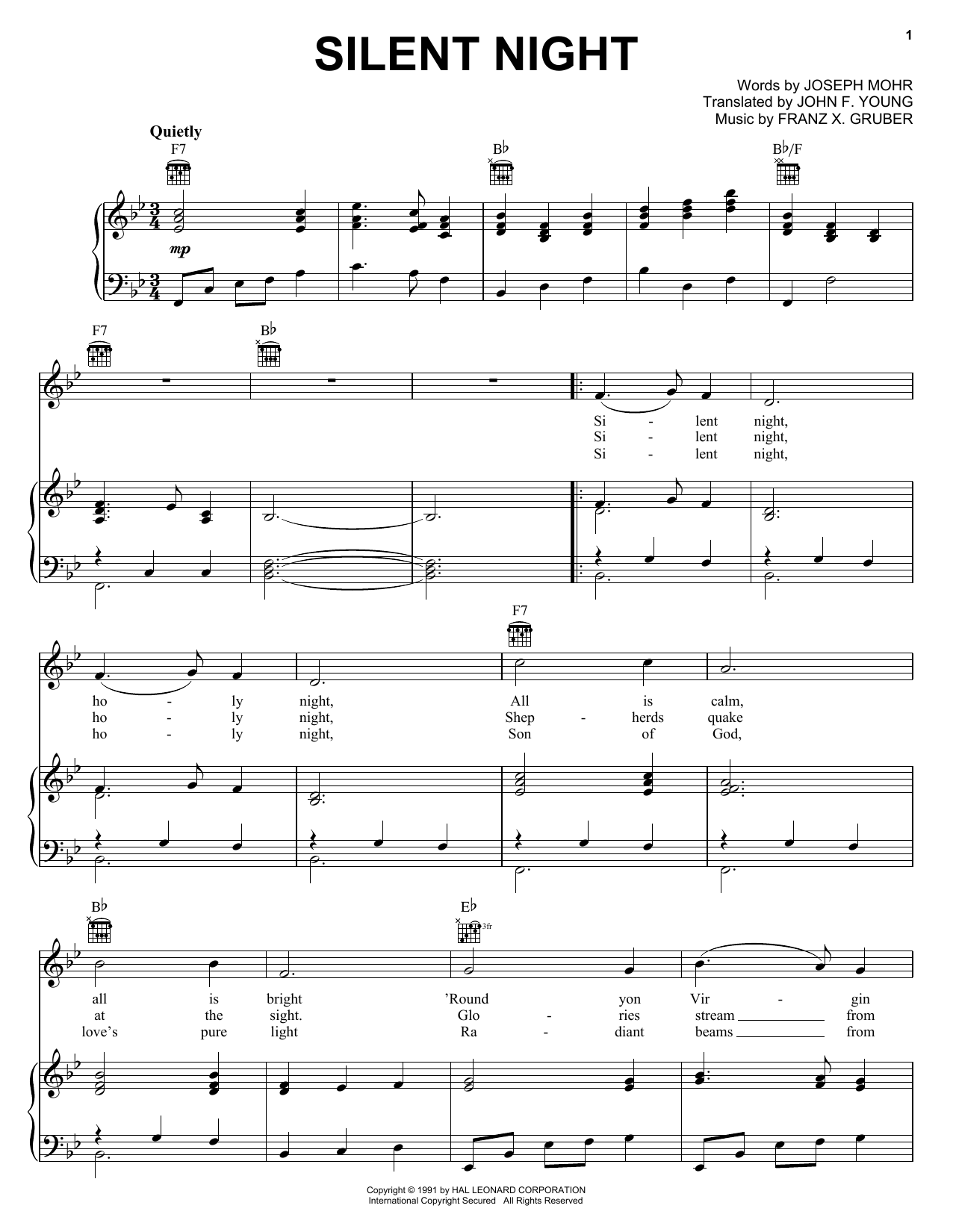 Franz Gruber Silent Night sheet music notes and chords. Download Printable PDF.