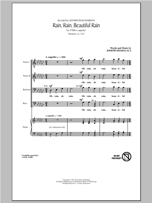 Joseph Shabalala Rain, Rain, Beautiful Rain sheet music notes and chords arranged for TTBB Choir