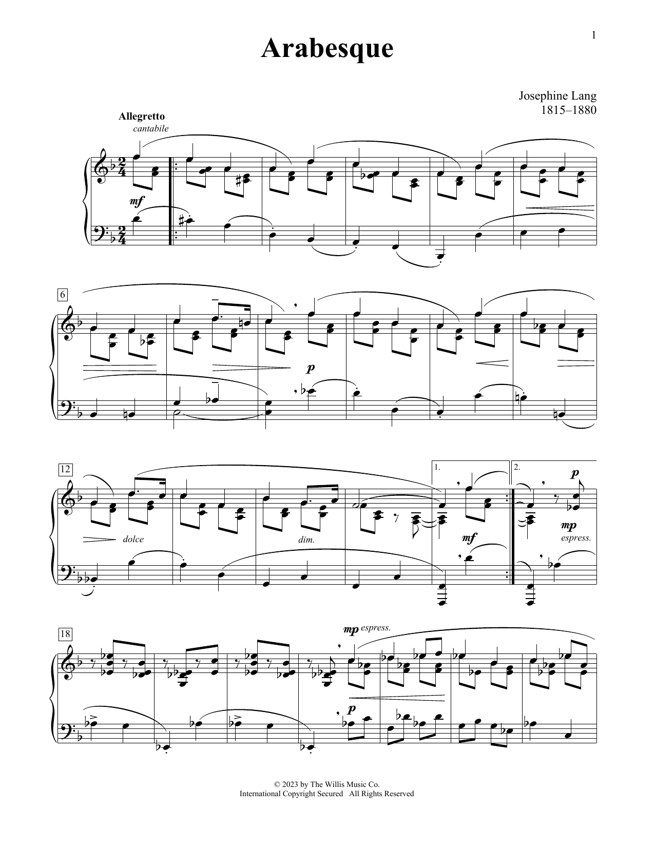 Josephine Lang Arabesque sheet music notes and chords. Download Printable PDF.