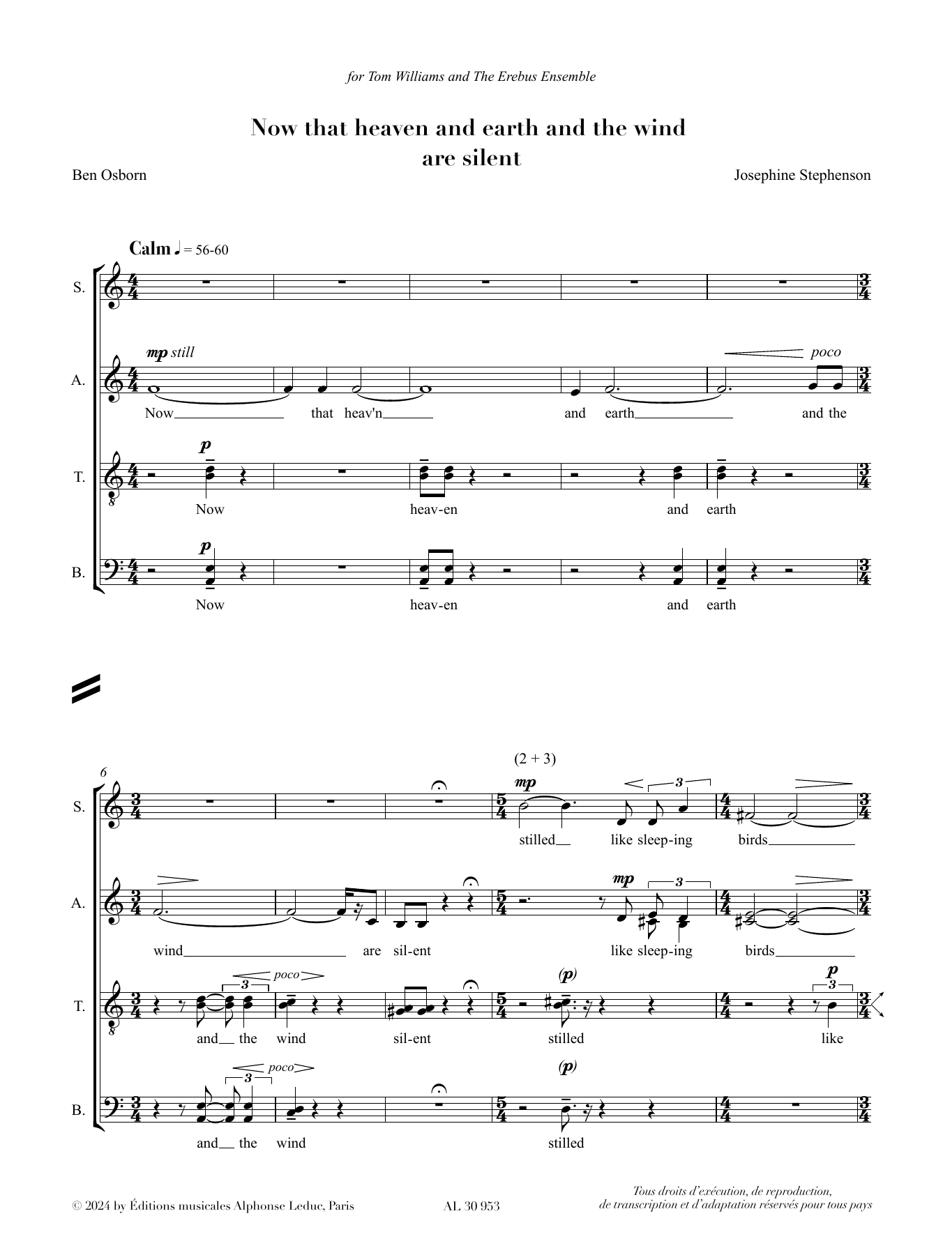 Josephine Stephenson Now that heaven and earth and the wind are silent sheet music notes and chords arranged for SATB Choir