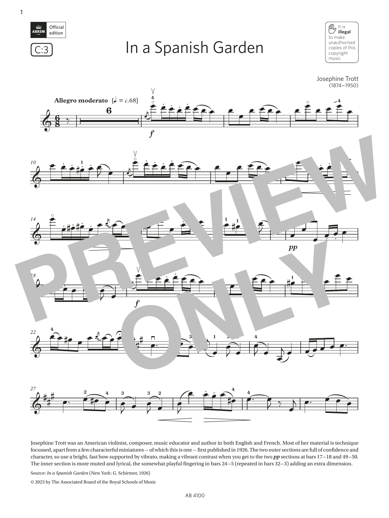 Josephine Trott In a Spanish Garden (Grade 6, C3, from the ABRSM Violin Syllabus from 2024) sheet music notes and chords. Download Printable PDF.