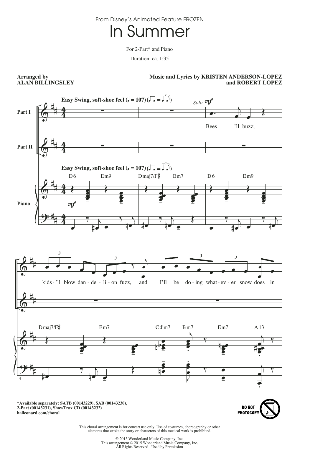 Josh Gad In Summer (from Disney's Frozen) (arr. Alan Billingsley) sheet music notes and chords arranged for 2-Part Choir