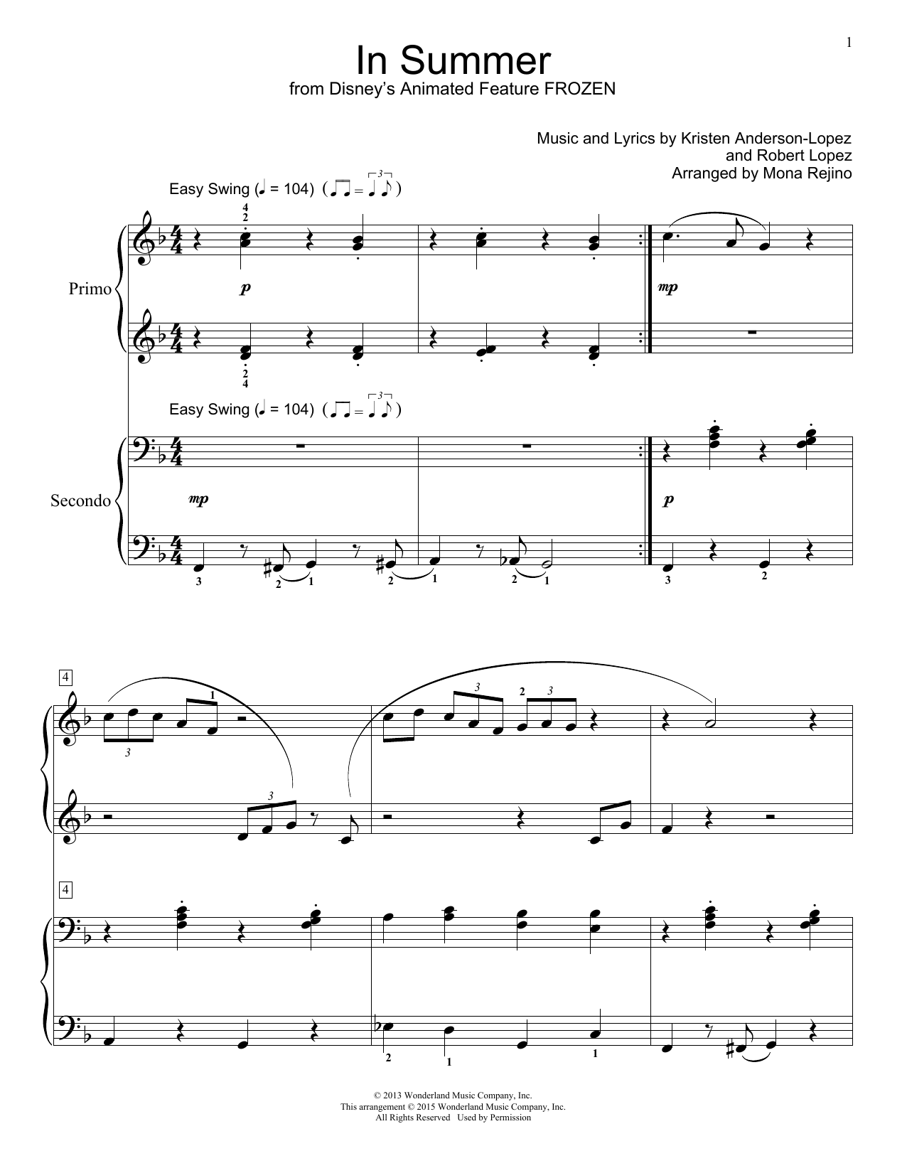 Josh Gad In Summer (from Disney's Frozen) (arr. Mona Rejino) sheet music notes and chords arranged for Piano Duet