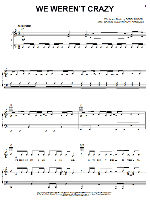 Learn to play Josh Gracin We Weren't Crazy sheet music for Piano, Vocal & Guitar Chords (Right-Hand Melody) in minutes. Price: 7.8900$ Josh Gracin We Weren't Crazy sheet music notes and chords arranged for Piano, Vocal & Guitar Chords (Right-Hand Melody)
