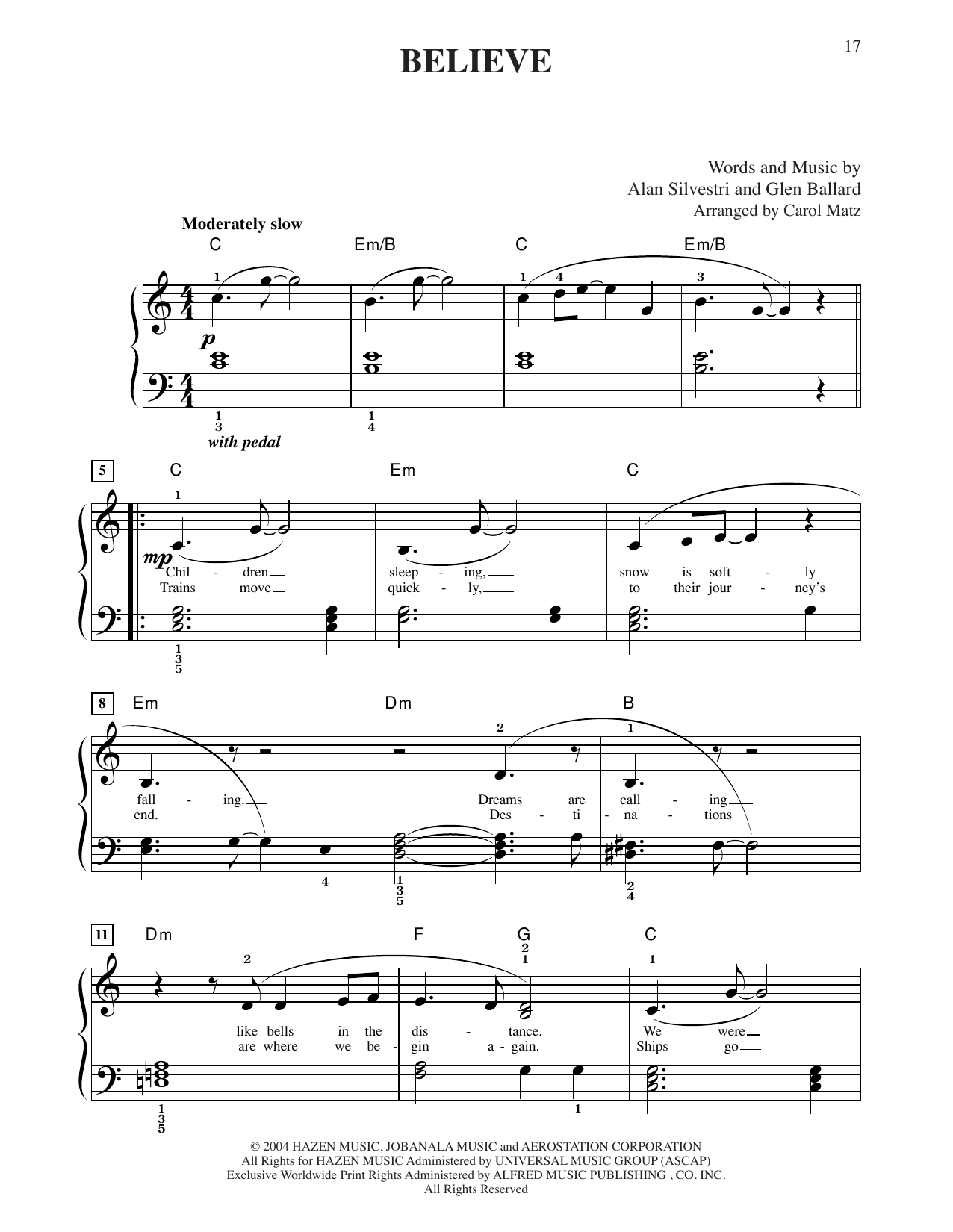 Josh Groban Believe (from The Polar Express) (arr. Carol Matz) sheet music notes and chords. Download Printable PDF.