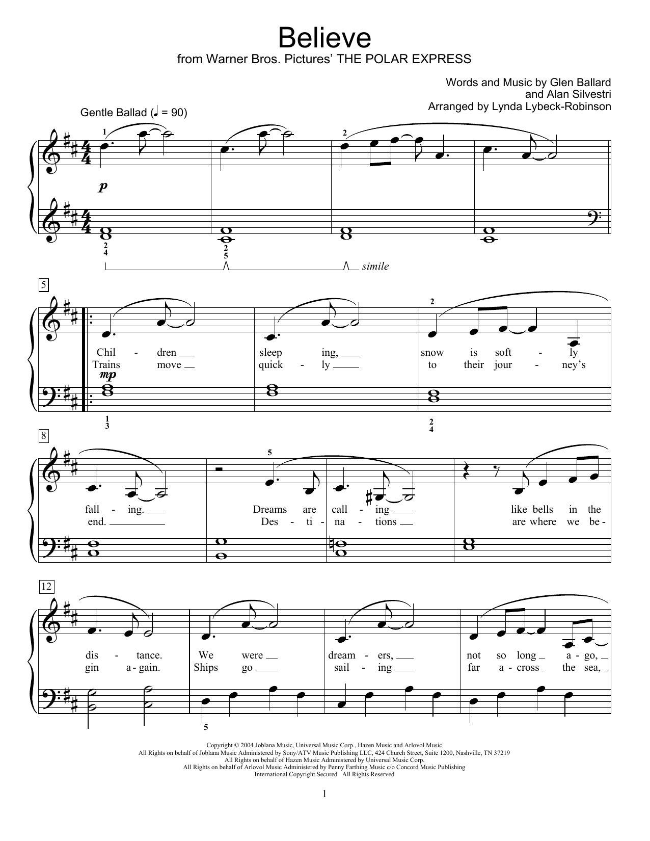 Josh Groban Believe (from The Polar Express) (arr. Lynda Lybeck-Robinson) sheet music notes and chords. Download Printable PDF.