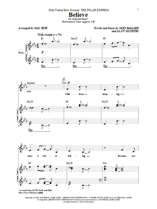 Josh Groban Believe (from The Polar Express) (arr. Mac Huff) sheet music notes and chords. Download Printable PDF.