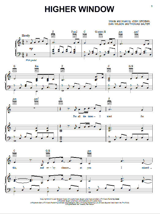 Learn to play Josh Groban Higher Window sheet music for Piano, Vocal & Guitar Chords (Right-Hand Melody) in minutes. Price: 7.8900$ Josh Groban Higher Window sheet music notes and chords arranged for Piano, Vocal & Guitar Chords (Right-Hand Melody)