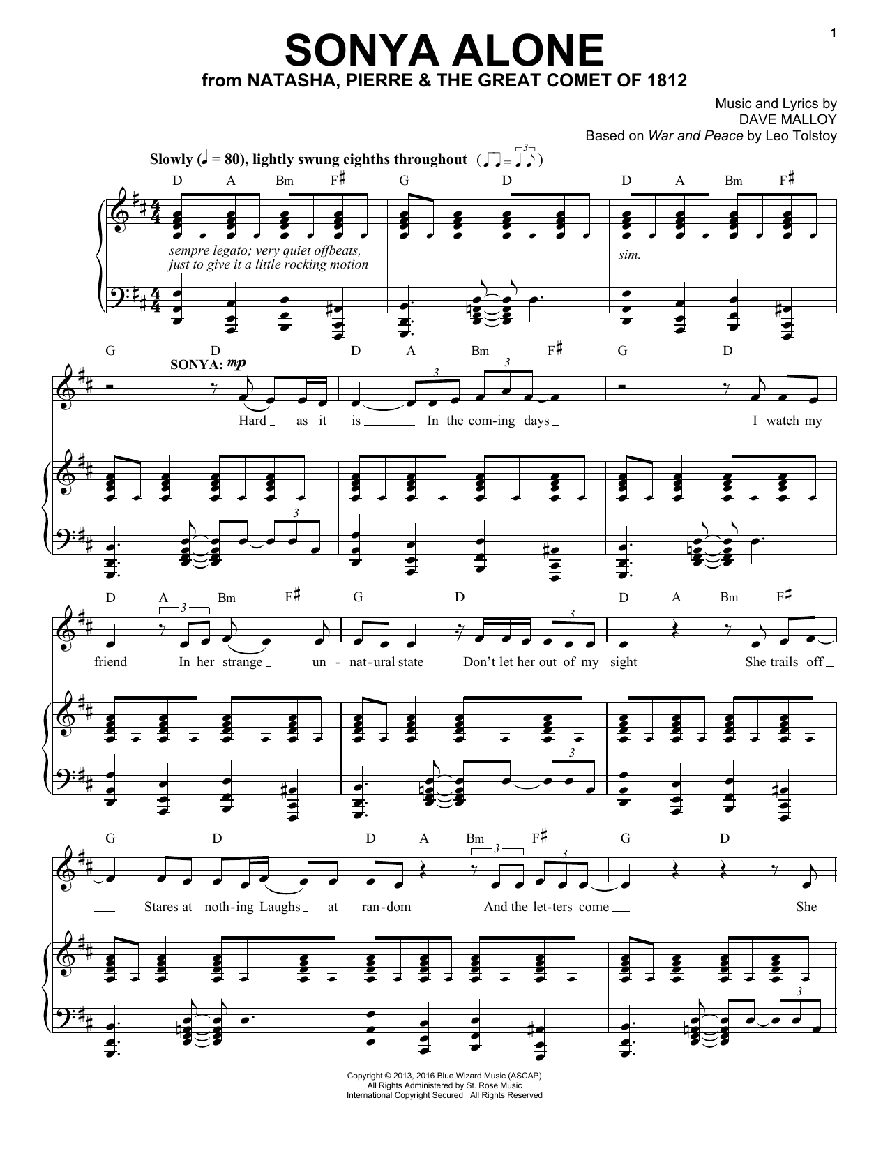 Josh Groban Sonya Alone (from Natasha, Pierre & The Great Comet of 1812) sheet music notes and chords. Download Printable PDF.