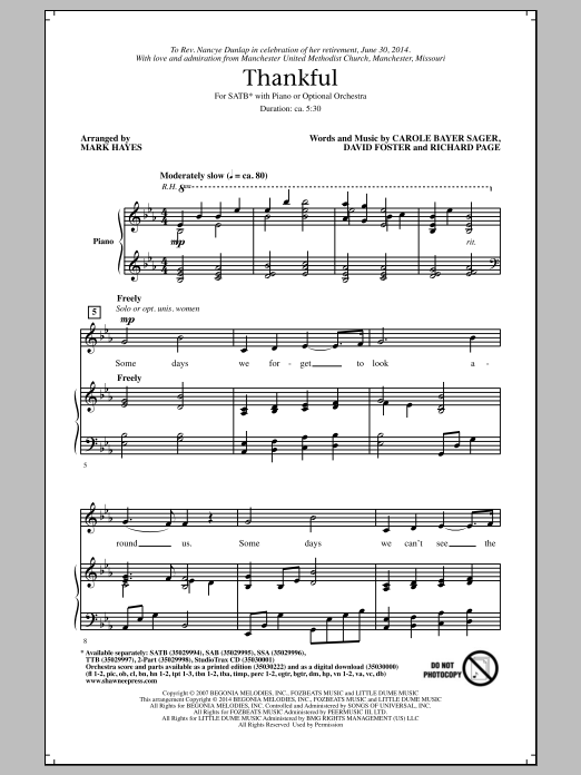 Josh Groban Thankful (arr. Mark Hayes) sheet music notes and chords. Download Printable PDF.