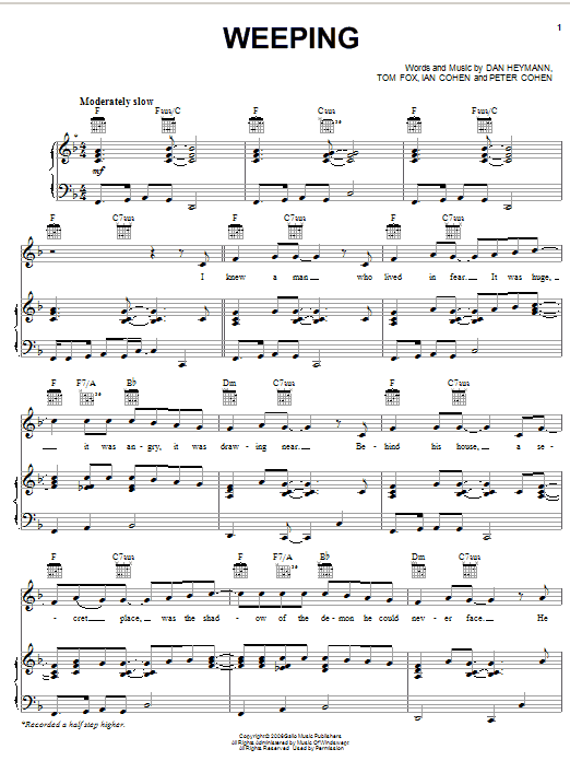 Learn to play Josh Groban Weeping sheet music for Piano, Vocal & Guitar Chords (Right-Hand Melody) in minutes. Price: 7.8900$ Josh Groban Weeping sheet music notes and chords arranged for Piano, Vocal & Guitar Chords (Right-Hand Melody)