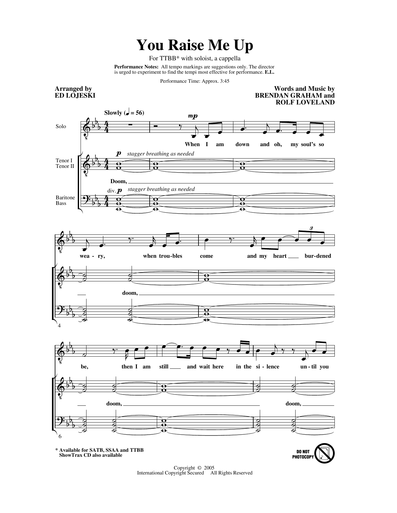 Josh Groban You Raise Me Up (arr. Ed Lojeski) sheet music notes and chords. Download Printable PDF.