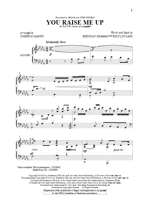 Josh Groban You Raise Me Up (arr. Joseph M. Martin) sheet music notes and chords. Download Printable PDF.