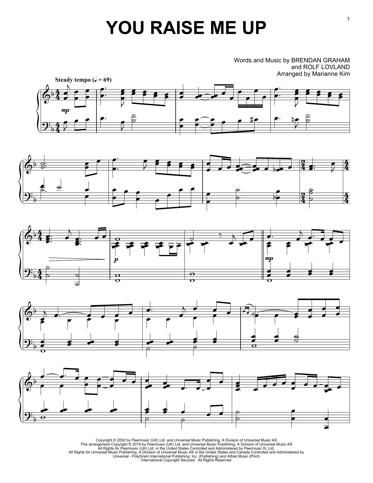 Josh Groban You Raise Me Up (arr. Marianne Kim) sheet music notes and chords. Download Printable PDF.