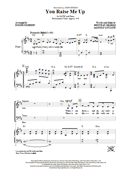 Josh Groban You Raise Me Up (arr. Roger Emerson) sheet music notes and chords. Download Printable PDF.