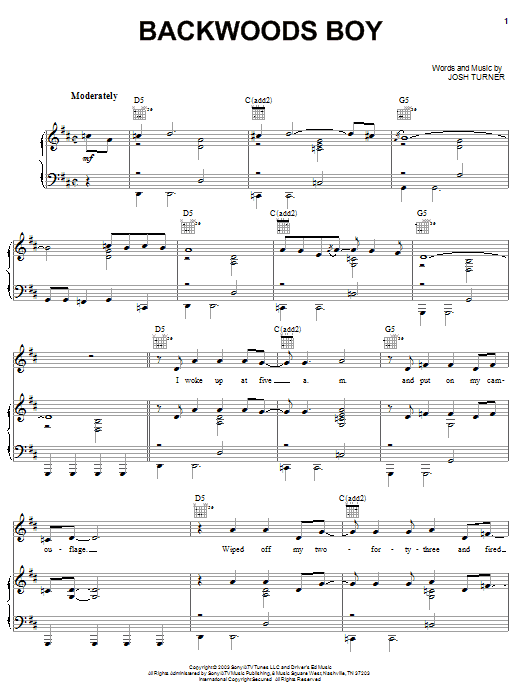 Learn to play Josh Turner Backwoods Boy sheet music for Piano, Vocal & Guitar Chords (Right-Hand Melody) in minutes. Price: 7.8900$ Josh Turner Backwoods Boy sheet music notes and chords arranged for Piano, Vocal & Guitar Chords (Right-Hand Melody)