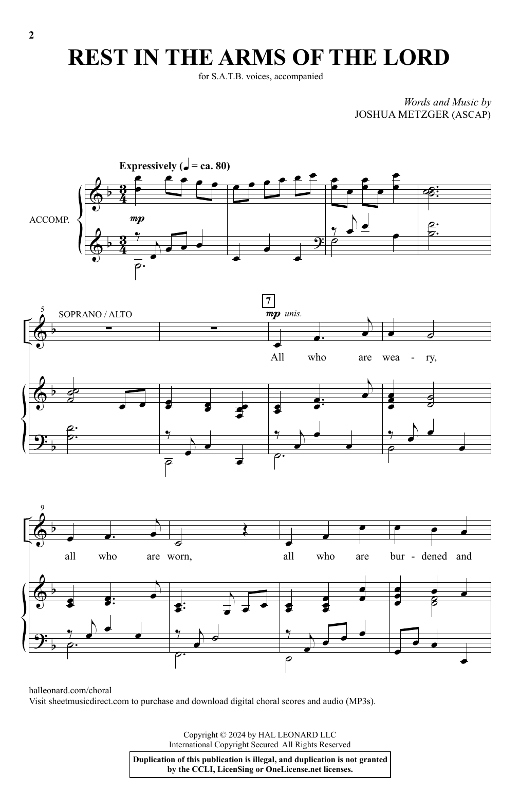 Joshua Metzger Rest In The Arms Of The Lord sheet music notes and chords. Download Printable PDF.