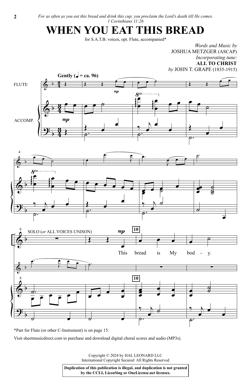 Joshua Metzger When You Eat This Bread sheet music notes and chords. Download Printable PDF.