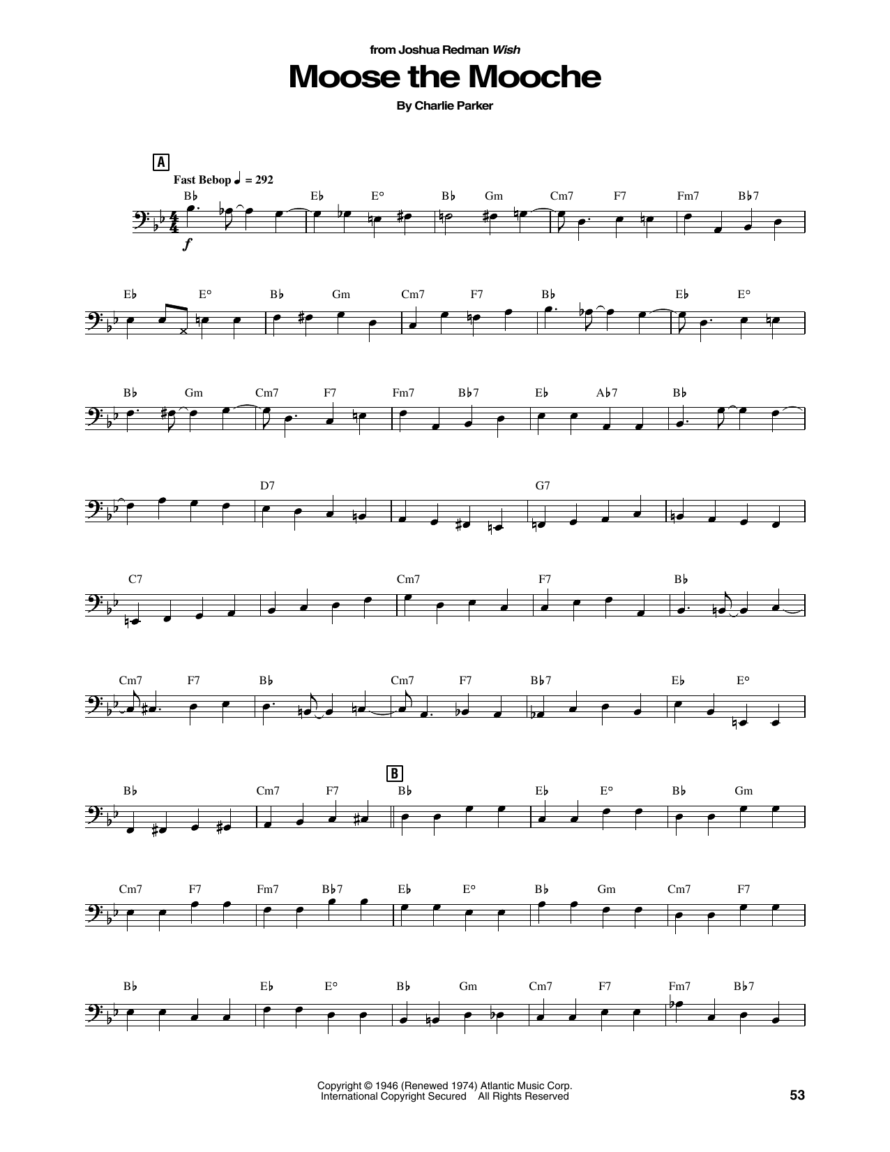 Joshua Redman Moose The Mooche sheet music notes and chords arranged for String Bass Transcription