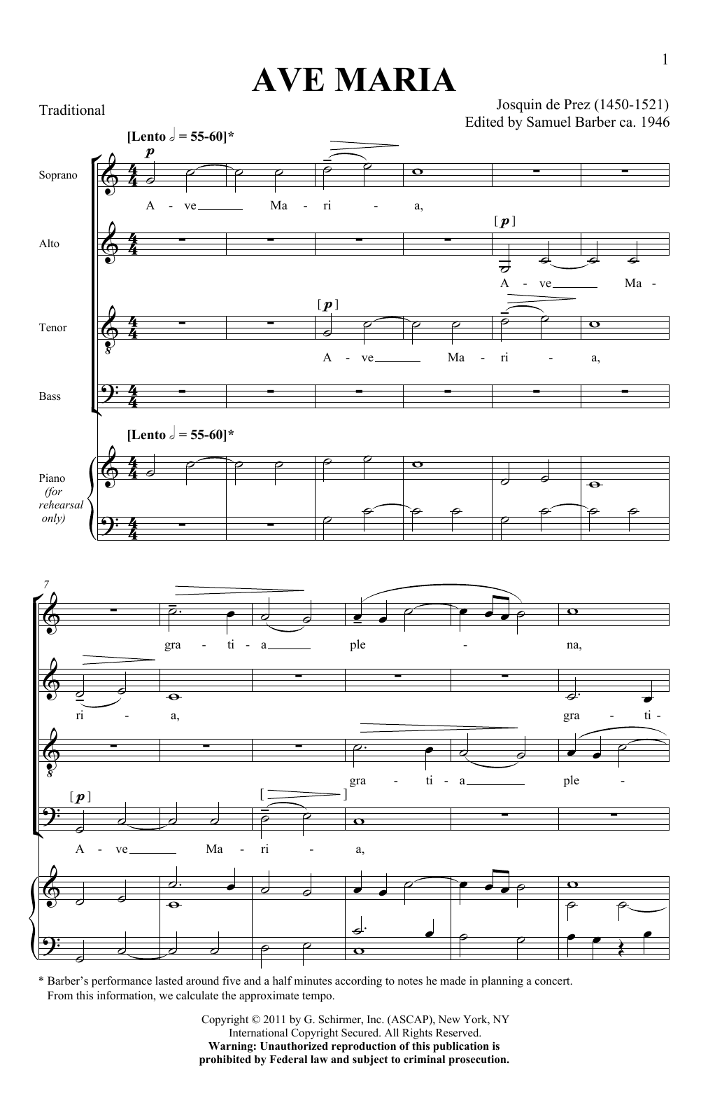 Josquin de Prez Ave Maria (ed. Samuel Barber) sheet music notes and chords. Download Printable PDF.