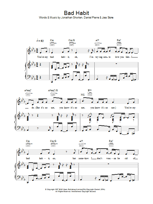 Learn to play Joss Stone Bad Habit sheet music for Piano, Vocal & Guitar Chords in minutes. Price: 7.8900$ Joss Stone Bad Habit sheet music notes and chords arranged for Piano, Vocal & Guitar Chords