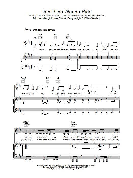 Learn to play Joss Stone Don't Cha Wanna Ride sheet music for Piano, Vocal & Guitar Chords in minutes. Price: 7.8900$ Joss Stone Don't Cha Wanna Ride sheet music notes and chords arranged for Piano, Vocal & Guitar Chords