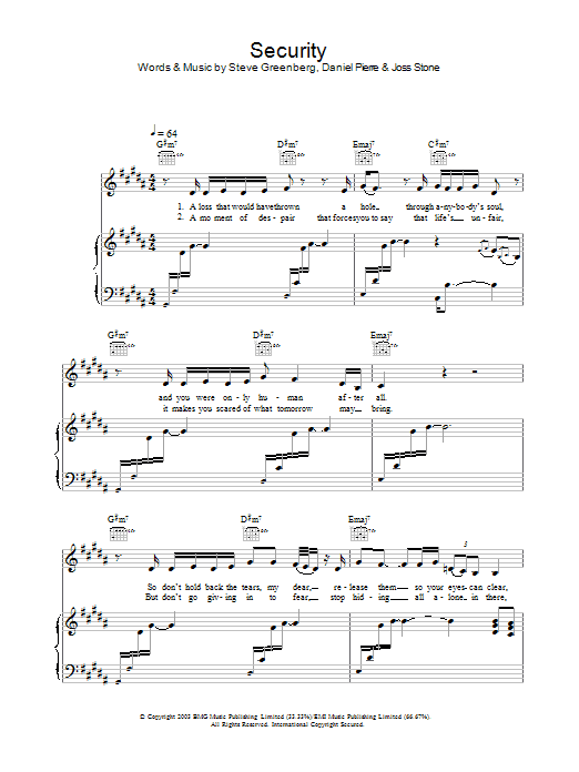 Learn to play Joss Stone Security sheet music for Piano, Vocal & Guitar Chords in minutes. Price: 7.8900$ Joss Stone Security sheet music notes and chords arranged for Piano, Vocal & Guitar Chords