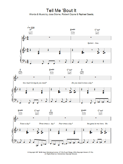 Learn to play Joss Stone Tell Me 'Bout It sheet music for Piano, Vocal & Guitar Chords in minutes. Price: 7.8900$ Joss Stone Tell Me 'Bout It sheet music notes and chords arranged for Piano, Vocal & Guitar Chords