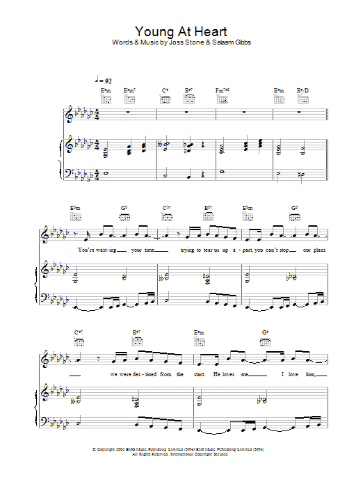 Learn to play Joss Stone Young At Heart sheet music for Piano, Vocal & Guitar Chords in minutes. Price: 7.8900$ Joss Stone Young At Heart sheet music notes and chords arranged for Piano, Vocal & Guitar Chords