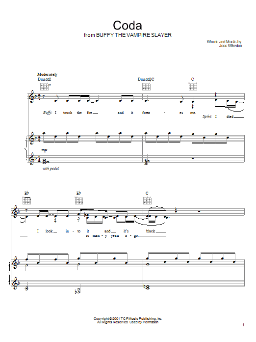 Joss Whedon Coda (from Buffy The Vampire Slayer) sheet music notes and chords arranged for Piano, Vocal & Guitar Chords (Right-Hand Melody)