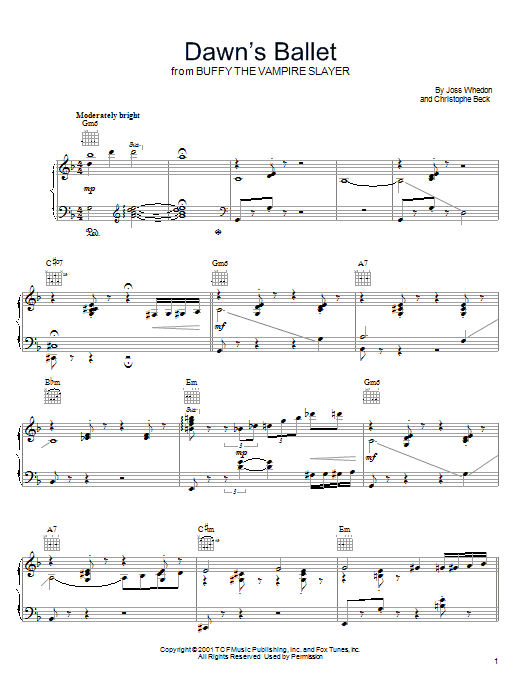 Learn to play Joss Whedon Dawn's Ballet (from Buffy The Vampire Slayer) sheet music for Piano, Vocal & Guitar Chords (Right-Hand Melody) in minutes. Price: 7.8900$ Joss Whedon Dawn's Ballet (from Buffy The Vampire Slayer) sheet music notes and chords arranged for Piano, Vocal & Guitar Chords (Right-Hand Melody)