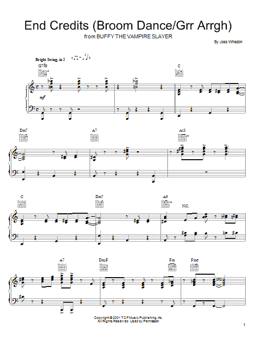 Joss Whedon End Credits (Broom Dance/Grr Arrgh) (from Buffy The Vampire Slayer) sheet music notes and chords arranged for Piano, Vocal & Guitar Chords (Right-Hand Melody)