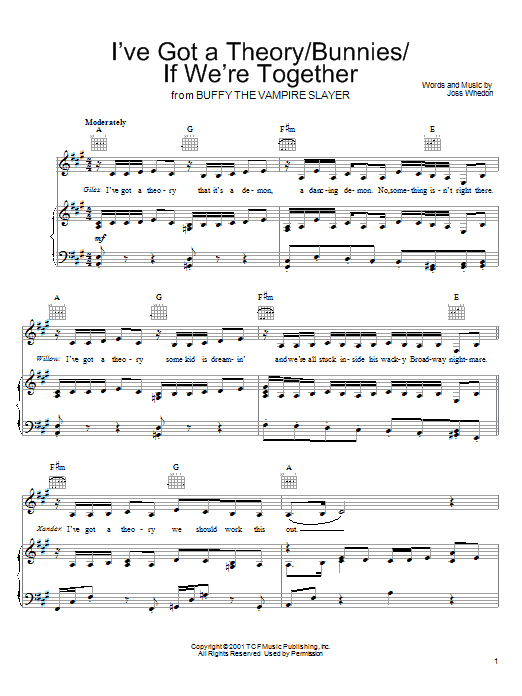 Learn to play Joss Whedon I've Got A Theory/Bunnies/If We're Together (from Buffy The Vampire Slayer) sheet music for Piano, Vocal & Guitar Chords (Right-Hand Melody) in minutes. Price: 7.8900$ Joss Whedon I've Got A Theory/Bunnies/If We're Together (from Buffy The Vampire Slayer) sheet music notes and chords arranged for Piano, Vocal & Guitar Chords (Right-Hand Melody)