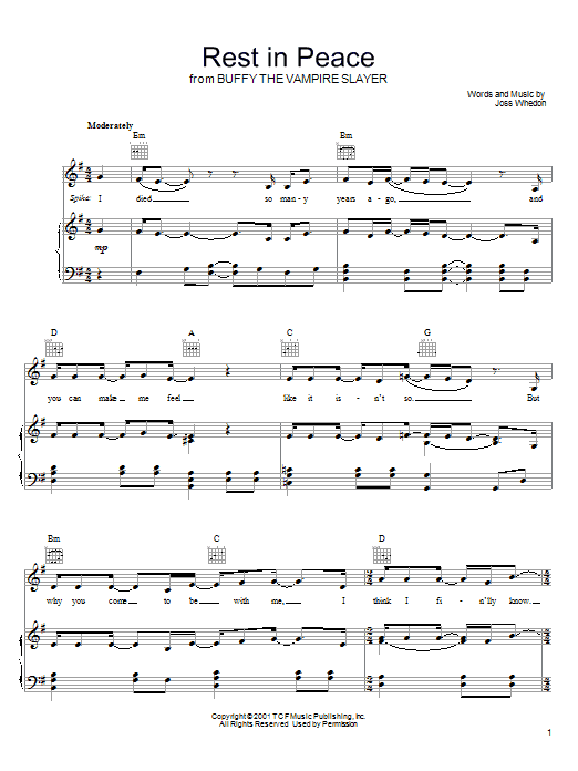 Learn to play Joss Whedon Rest In Peace (from Buffy The Vampire Slayer) sheet music for Piano, Vocal & Guitar Chords (Right-Hand Melody) in minutes. Price: 7.8900$ Joss Whedon Rest In Peace (from Buffy The Vampire Slayer) sheet music notes and chords arranged for Piano, Vocal & Guitar Chords (Right-Hand Melody)