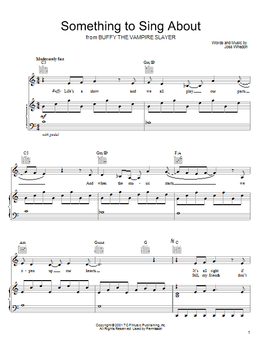 Learn to play Joss Whedon Something To Sing About (from Buffy The Vampire Slayer) sheet music for Piano, Vocal & Guitar Chords (Right-Hand Melody) in minutes. Price: 7.8900$ Joss Whedon Something To Sing About (from Buffy The Vampire Slayer) sheet music notes and chords arranged for Piano, Vocal & Guitar Chords (Right-Hand Melody)