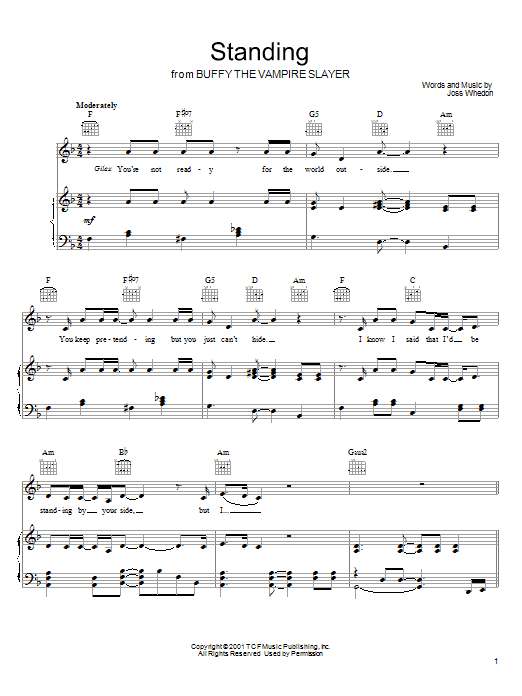 Joss Whedon Standing (from Buffy The Vampire Slayer) sheet music notes and chords arranged for Piano, Vocal & Guitar Chords (Right-Hand Melody)