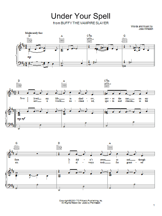 Learn to play Joss Whedon Under Your Spell (from Buffy The Vampire Slayer) sheet music for Piano, Vocal & Guitar Chords (Right-Hand Melody) in minutes. Price: 7.8900$ Joss Whedon Under Your Spell (from Buffy The Vampire Slayer) sheet music notes and chords arranged for Piano, Vocal & Guitar Chords (Right-Hand Melody)