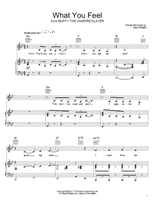 Learn to play Joss Whedon What You Feel (from Buffy The Vampire Slayer) sheet music for Piano, Vocal & Guitar Chords (Right-Hand Melody) in minutes. Price: 7.8900$ Joss Whedon What You Feel (from Buffy The Vampire Slayer) sheet music notes and chords arranged for Piano, Vocal & Guitar Chords (Right-Hand Melody)