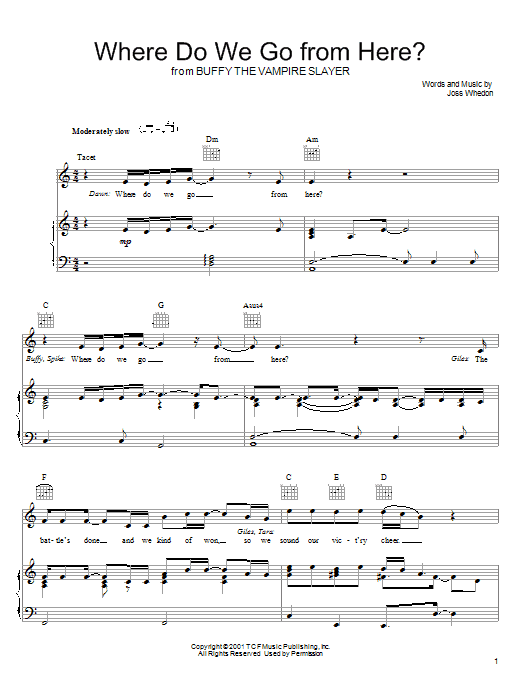 Joss Whedon Where Do We Go From Here? (from Buffy The Vampire Slayer) sheet music notes and chords arranged for Piano, Vocal & Guitar Chords (Right-Hand Melody)