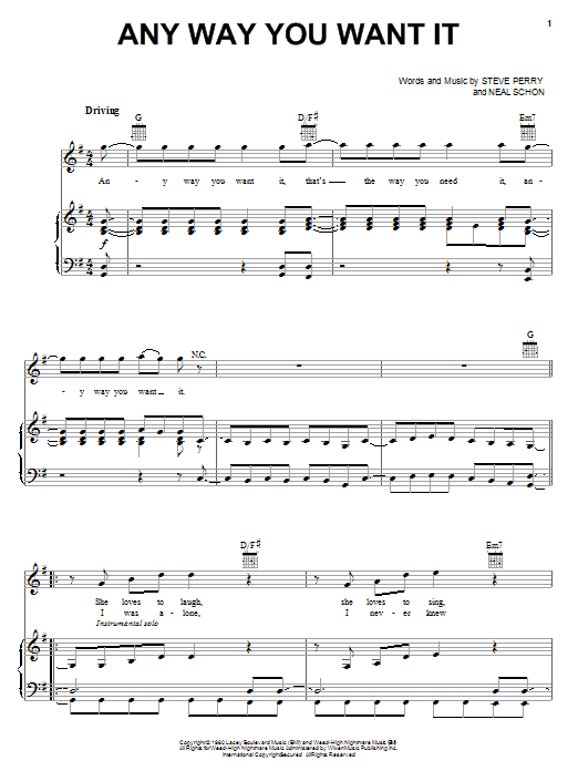 Journey Any Way You Want It sheet music notes and chords. Download Printable PDF.