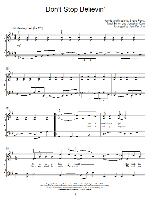 Jennifer Linn Don't Stop Believin' sheet music notes and chords. Download Printable PDF.