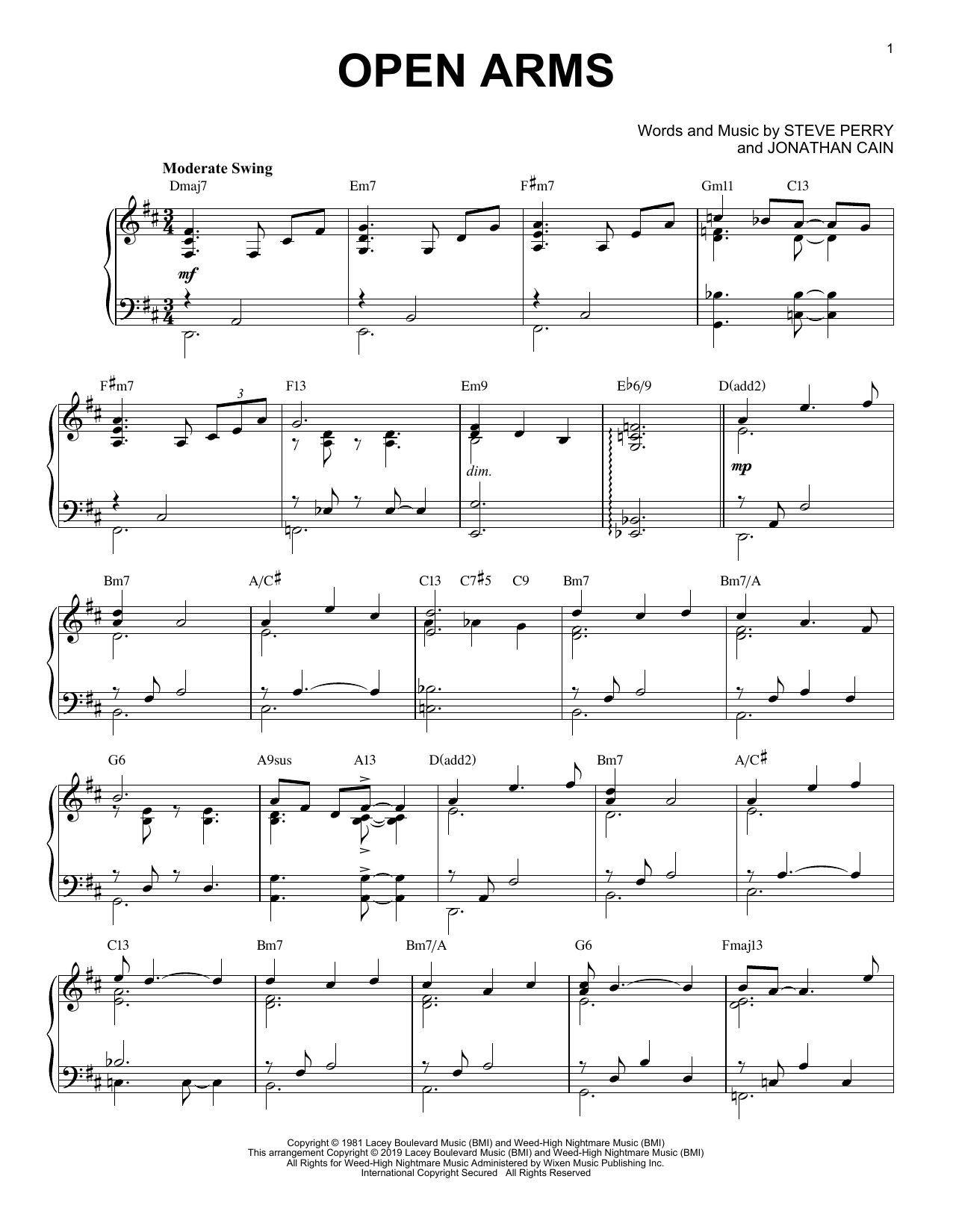 Journey Open Arms [Jazz version] sheet music notes and chords arranged for Piano Solo