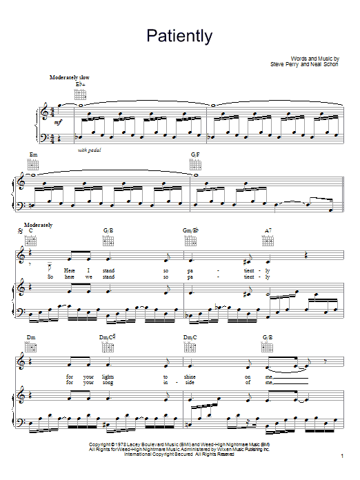 Learn to play Journey Patiently sheet music for Piano, Vocal & Guitar Chords (Right-Hand Melody) in minutes. Price: 7.8900$ Journey Patiently sheet music notes and chords arranged for Piano, Vocal & Guitar Chords (Right-Hand Melody)